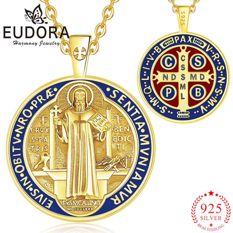 Cross Pendant Necklace Gold - Eudora 925 スターリングシルバー聖ベネディクトネックレス 18 K ゴールドクロスサンベニートエナメルペンダントカトリックお守り男性女性ジュエリー