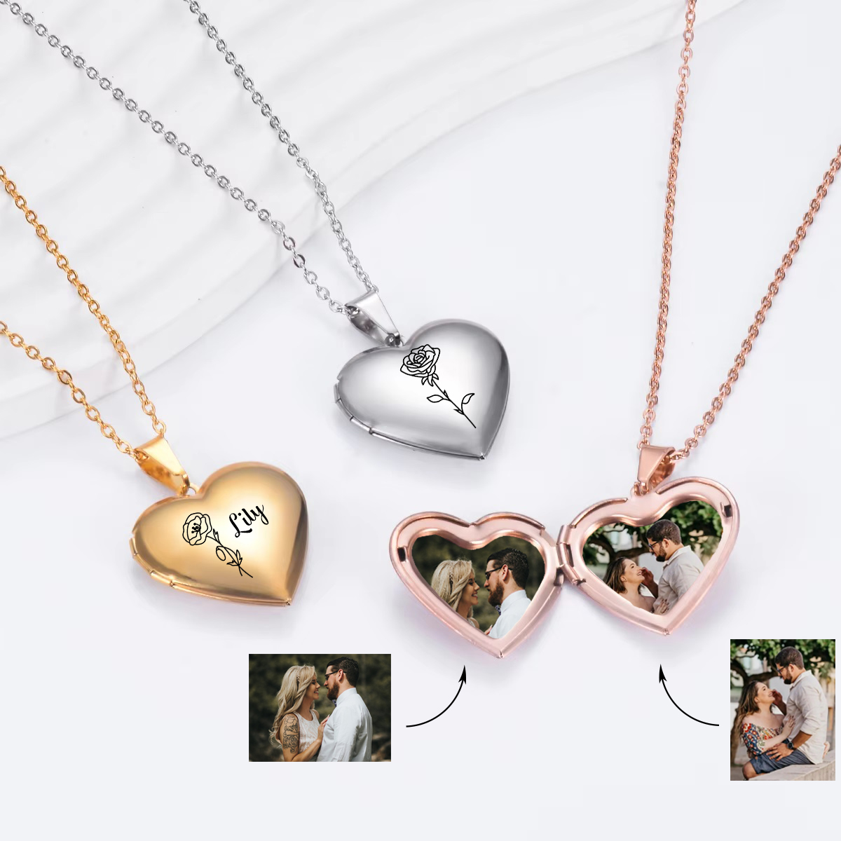Heart Locket Necklace Photo - 女性のためのパーソナライズされたステンレス鋼のネックレス,名前が刻印された写真,写真,ハート,花,誕生日プレゼント,ジュエリー
